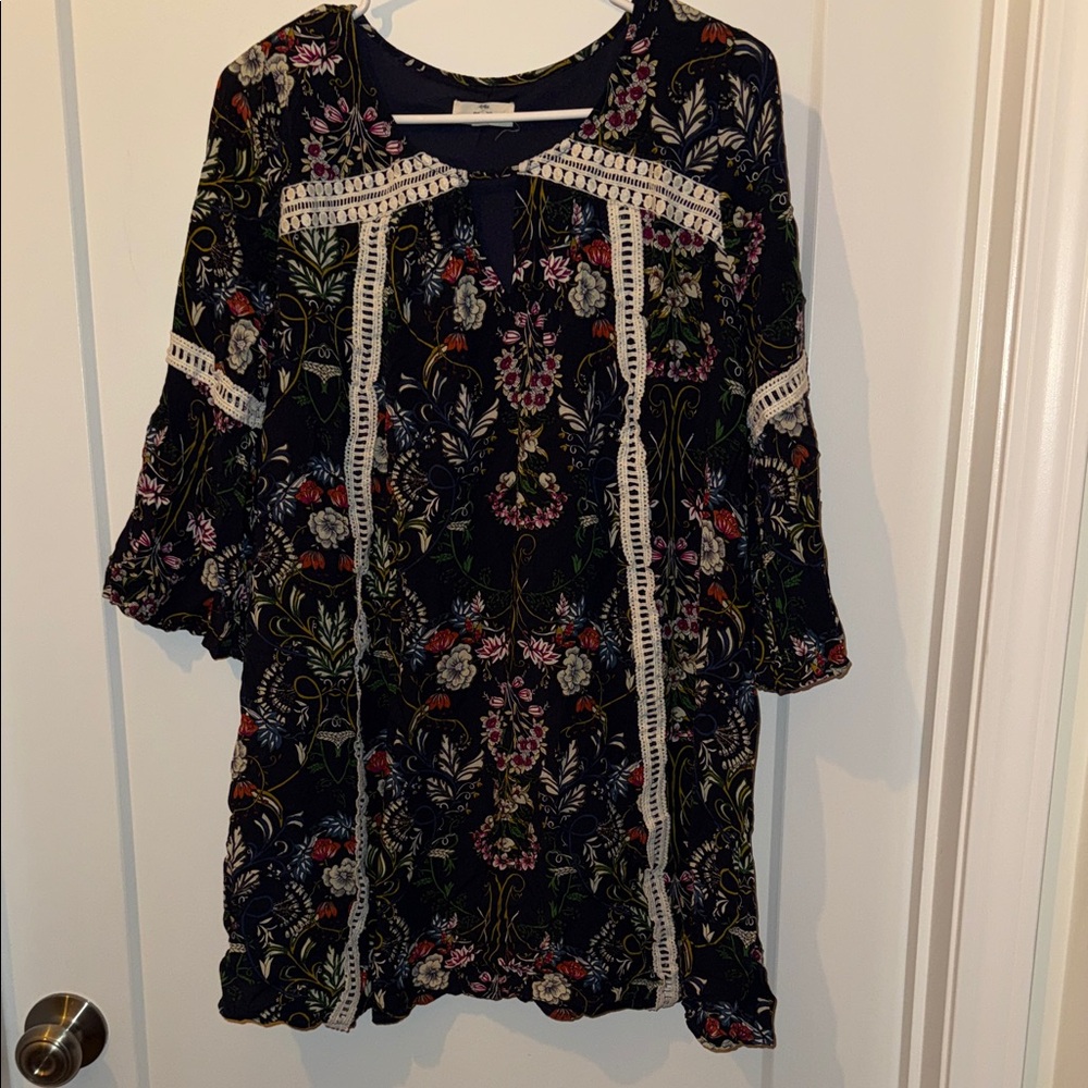 entro Navy Floral Mini Dress with Crochet Trim